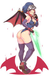 Rule 34 | 1girl, ass, bare shoulders, blue hat, boots, breasts, cougar (cougar1404), demon girl, demon wings, fingerless gloves, from behind, glasses, gloves, hat, leotard, looking at viewer, original, red eyes, red hair, shiny clothes, shiny skin, short hair with long locks, smile, solo, thigh boots, thighhighs, thong, thong leotard, wings