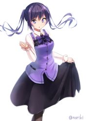 Rule 34 | 1girl, :d, absurdres, black skirt, blush, bow, brown pantyhose, collared shirt, commentary request, gochuumon wa usagi desu ka?, hair between eyes, hand up, highres, honorikiti, long hair, looking at viewer, open mouth, pantyhose, parted lips, purple bow, purple eyes, purple hair, purple vest, rabbit house uniform, shirt, sidelocks, simple background, skirt, smile, solo, tedeza rize, twintails, twitter username, uniform, very long hair, vest, waitress, white background, white shirt