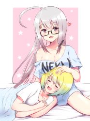 Rule 34 | 2girls, = =, absurdres, ahoge, breasts, cleavage, fang, glasses, green hair, headpat, heart, highres, lap pillow, long hair, looking at viewer, multiple girls, neku397, open mouth, original, oversized clothes, pink eyes, resolution mismatch, self-upload, short hair, silver hair, simple background, source smaller