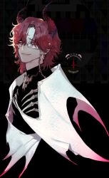 Rule 34 | 1boy, animal skull, black shirt, closed mouth, dragon wings, fangs, fangs out, glasses, highres, horns, looking at viewer, male focus, medium hair, original, pigeon666, pointy ears, red hair, shirt, smile, solo, wings