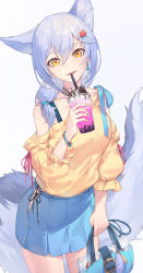 Rule 34 | 1girl, alternate costume, animal ears, arknights, bag, bare shoulders, blouse, blue skirt, bra strap, braid, bubble tea, casual, commentary request, cowboy shot, cup, disposable cup, drinking straw, earrings, fangs, gradient background, grey background, hair between eyes, hair ornament, hand up, head tilt, highres, holding, holding bag, holding cup, jewelry, large tail, long hair, long sleeves, looking at viewer, miniskirt, nian (zhanian), off-shoulder shirt, off shoulder, parted lips, pleated skirt, provence (arknights), shirt, silver hair, single bare shoulder, single braid, skirt, smile, solo, standing, tail, wolf ears, wolf tail, yellow eyes, yellow shirt