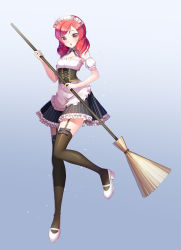 Rule 34 | 10s, 1girl, 4b, :o, apron, black thighhighs, bow, bowtie, breasts, broom, cleavage, corset, cross-laced clothes, detached sleeves, dress, frills, full body, garter straps, gradient background, holding, holding broom, love live!, love live! school idol festival, love live! school idol project, maid, maid headdress, nishikino maki, puffy sleeves, purple eyes, red hair, shoes, solo, standing, standing on one leg, striped, striped bow, text focus, thighhighs, waist apron, white footwear