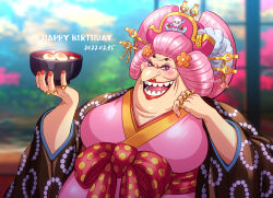 Rule 34 | 1girl, big nose, blurry, blurry background, bowl, charlotte linlin, depth of field, english text, fat, food, hair ornament, holding, holding bowl, japanese clothes, jewelry, looking at viewer, obese, old, old woman, one piece, open mouth, pink eyes, pink hair, ring, shiruko (food), teeth, youkan (tako)