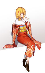 Rule 34 | 1girl, ankle boots, arnold-s, bad id, bad pixiv id, blonde hair, blue eyes, blush, boots, brown footwear, closed mouth, cross-laced footwear, flower, hair flower, hair ornament, high heel boots, high heels, highres, japanese clothes, kimono, lace-up boots, looking at viewer, red kimono, rodney (warship girls r), royal navy, short hair, sitting, solo, warship girls r