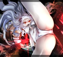 Rule 34 | 10s, 1girl, abyssal ship, airfield princess, ass, cleft of venus, colored skin, highres, kantai collection, leotard, long hair, rathke, red eyes, solo, spread legs, standing, standing on one leg, very long hair, white hair, white skin