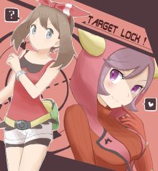 Rule 34 | 10s, 2girls, ?, bike shorts, blue eyes, blush, bracelet, brown hair, courtney (pokemon), courtney (pokemon oras), creatures (company), fake horns, fanny pack, finger to mouth, game freak, gloves, hair ribbon, heart, highres, hood, horned headwear, horns, jewelry, may (pokemon), may (pokemon oras), multiple girls, nintendo, pokemon, pokemon oras, purple eyes, purple hair, red gloves, ribbed sweater, ribbon, riz (ravel dc), shirt, short hair, short shorts, shorts, sleeveless, sleeveless shirt, smile, spoken heart, spoken question mark, sweater, team magma, two side up, uniform