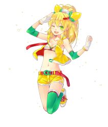 Rule 34 | 1girl, ;d, bad id, bad pixiv id, blonde hair, breasts, c.c. lemon, c.c. lemon (character), cleavage, fingerless gloves, food, fruit, full body, gloves, green eyes, green thighhighs, hao (patinnko), highres, lemon, long hair, midriff, navel, one eye closed, open mouth, ponytail, salute, shoes, short shorts, shorts, single thighhigh, small breasts, smile, sneakers, solo, thighhighs, transparent background, vest, white gloves, wink