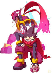 Rule 34 | 1boy, belt, belt buckle, buckle, capcom, covering own mouth, full body, hand on own knee, helmet, looking at viewer, mega man (series), mega man zx, mega man zx advent, model p (mega man), official art, on one knee, outstretched arm, pants, pink eyes, pink pants, purple hair, red eyes, red scarf, scarf, siarnaq (mega man), simple background, spiked hair, white background