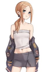 Rule 34 | 1girl, abigail williams (fate), absurdres, bare shoulders, black jacket, blonde hair, blue eyes, blush, breasts, collarbone, fate/grand order, fate (series), forehead, grey skirt, highres, jacket, kopaka (karda nui), long hair, long sleeves, looking at viewer, midriff, navel, off shoulder, open clothes, open jacket, parted bangs, pencil skirt, ponytail, sidelocks, skirt, small breasts, solo, strapless, thighs, tube top