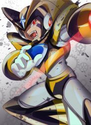 Rule 34 | 1boy, android, arm cannon, armor, baron-0628, bass (mega man), black armor, black helmet, chest jewel, dated, facial mark, fangs, fins, forehead jewel, head fins, highres, light trail, male focus, mega man (classic), mega man (series), open mouth, red eyes, solo, translation request, weapon