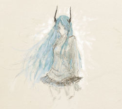 Rule 34 | 1girl, bad deviantart id, bad id, blue hair, frozen (youji-kun), horns, long hair, making-of available, original, sketch, skirt, solo, tears, youji-kun