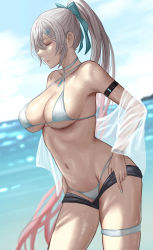 Rule 34 | 1girl, arm strap, bare shoulders, bikini, black shorts, blurry, blurry background, breasts, choker, cleavage, closed eyes, from side, girls&#039; frontline, grey hair, hair ornament, hairclip, highres, large breasts, long hair, lwmmg (girls&#039; frontline), micro shorts, navel, ocean, outdoors, parted lips, ponytail, selcky, shorts, sideboob, smile, solo, swimsuit, thigh strap, underboob, water, wet, white bikini, white choker