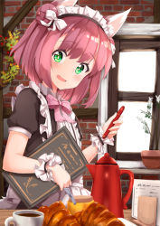Rule 34 | 1girl, ame., animal ear fluff, animal ears, apron, azur lane, blush, bow, bread, brick wall, brown dress, cat ears, center frills, coffee, commentary request, cup, dress, food, frills, green eyes, hair between eyes, hair bow, hair bun, head tilt, highres, holding, holding pencil, indoors, maid headdress, mechanical pencil, menu, open mouth, pencil, pink bow, pink hair, plant, potted plant, puffy short sleeves, puffy sleeves, shiratsuyu (azur lane), shiratsuyu (is the order a torpedo?) (azur lane), short sleeves, side bun, single hair bun, single side bun, solo, teacup, waitress, white apron, white bow, window, wrist cuffs