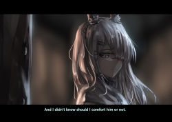 Rule 34 | 1girl, animal ears, arknights, chinese commentary, cishi nianshao, english text, frostnova (arknights), grey eyes, highres, indoors, lamp, letterboxed, rabbit ears, scar, scar on face, scar on nose, white hair