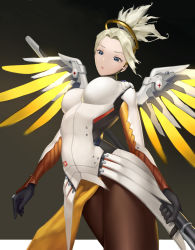 Rule 34 | 1girl, absurdres, arched back, blonde hair, blue eyes, bodysuit, breasts, brown pantyhose, dutch angle, grey background, halo, head tilt, highres, mechanical halo, mechanical wings, mercy (overwatch), overwatch, overwatch 1, pantyhose, parted lips, ponytail, short hair, solo, sssbendan, wings, yellow wings