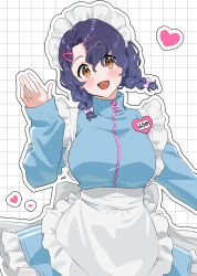 Rule 34 | 1girl, apron, blue hair, blue jacket, blue skirt, blush, bow, braid, breasts, brown eyes, commentary request, dot nose, dr. gero (staedtler 0508), frilled apron, frilled skirt, frills, hair bow, hair ornament, hairclip, hand up, heart, highres, idolmaster, idolmaster million live!, jacket, jersey maid, large breasts, long sleeves, looking at viewer, low twin braids, maid, maid apron, maid headdress, medium hair, name tag, open mouth, skirt, smile, solo, toyokawa fuka, twin braids, unconventional maid, waving, wavy hair, white apron, white background, zipper, zipper pull tab
