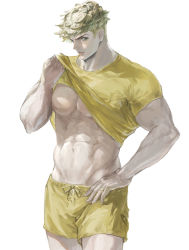 Rule 34 | 1boy, abs, absurdres, bara, blonde hair, clothes lift, granblue fantasy, green eyes, highres, jewelry, kshbjb3bppui9om, large pectorals, lifted by self, looking at viewer, male focus, muscular, muscular male, navel, pectorals, ring, shirt, shirt lift, short hair, shorts, solo, undercut, vane (granblue fantasy), yellow shirt, yellow shorts