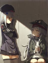 Rule 34 | 2girls, bendy straw, beret, black hat, black shorts, black skirt, breasts, brown eyes, commentary request, crossed arms, cup, darnell, disposable cup, drinking straw, eye contact, formal, g11 (girls&#039; frontline), girls&#039; frontline, green eyes, green hat, green jacket, grey legwear, hair between eyes, hat, highres, hk416 (girls&#039; frontline), jacket, korean commentary, long hair, looking at another, looking to the side, medium breasts, mouth hold, multiple girls, peaked cap, pleated skirt, purple jacket, short shorts, shorts, silver hair, sitting, skirt, standing, suit, thighhighs, very long hair, white suit