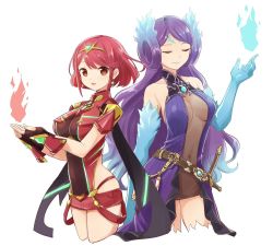 Rule 34 | 2girls, armor, bad id, bad pixiv id, breasts, brighid (xenoblade), closed eyes, collarbone, covered navel, crotchless, crotchless pants, earrings, fingerless gloves, fire, gloves, jewelry, long hair, looking at viewer, madanai (morisumeshi), medium breasts, multiple girls, nintendo, pants, purple hair, pyra (xenoblade), red hair, red shorts, shorts, shoulder armor, sidelocks, simple background, smile, swept bangs, tiara, xenoblade chronicles (series), xenoblade chronicles 2