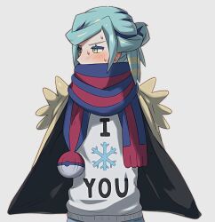 Rule 34 | 1boy, bbhdrrr, blue scarf, blush, creatures (company), game freak, green eyes, green hair, grey sweater, grusha (pokemon), hair bun, highres, jacket, long hair, looking away, looking to the side, male focus, nintendo, open clothes, open jacket, poke ball print, pokemon, pokemon sv, print sweater, scarf, snowflake print, solo, striped clothes, striped scarf, sweat, sweater, text print, upper body, white background, yellow jacket