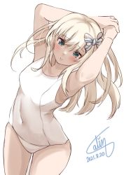 Rule 34 | 1girl, arms behind back, blonde hair, blue eyes, blush, calin, collarbone, covered navel, cowboy shot, from above, hair between eyes, hair ribbon, highres, kantai collection, long hair, looking at viewer, old school swimsuit, one-piece swimsuit, ribbon, school swimsuit, signature, simple background, swimsuit, u-511 (kancolle), white background, white one-piece swimsuit