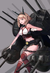 Rule 34 | 10s, 1girl, blonde hair, breasts, cannon, chain, clenched hand, cowboy shot, female focus, gloves, green eyes, grey background, headgear, highres, kantai collection, large breasts, legs, mecha musume, microskirt, midriff, mutsu (kancolle), navel, open mouth, pleated skirt, red thighhighs, revision, short hair, simple background, skirt, sleeveless, smile, solo, striped clothes, striped thighhighs, thighhighs, thighs, tsuki suigetsu, turret, white gloves