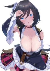 Rule 34 | 1girl, :o, animal ears, arm up, black hair, blue eyes, blush, breasts, choker, cleavage, collarbone, commentary request, detached sleeves, eishin flash (umamusume), hair between eyes, hair ornament, highres, horse ears, horse girl, horse tail, huge breasts, lips, looking at viewer, open mouth, p answer, ribbon trim, short hair, simple background, smile, solo, sweat, tail, umamusume, white background