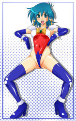 Rule 34 | 1girl, adapted costume, allenby beardsley, antennae, artist request, blue eyes, blue hair, bow, bowtie, covered erect nipples, elbow gloves, g gundam, gloves, gundam, haigure pose, halftone, halftone background, high heels, highleg, highleg leotard, latex, latex gloves, latex legwear, latex leotard, leotard, looking at viewer, non-web source, open mouth, short hair, shoulder pads, simple background, smile, solo, spread legs, thighhighs, tomboy