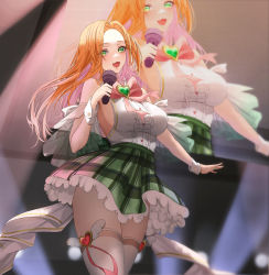 Rule 34 | absurdres, ame 816, bow, bowtie, dress, green eyes, green skirt, halter dress, halterneck, highres, idol, looking at viewer, microphone, music, open mouth, original, pantyhose, parted bangs, plaid, plaid skirt, red hair, see-through, see-through sleeves, singing, skirt, sleeve cuffs, solo, standing, theater, thighhighs, thighs, white thighhighs
