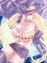 Rule 34 | 1girl, :p, bad id, bad pixiv id, blonde hair, bra, breasts, dodai shouji, elbow gloves, food-themed hair ornament, gloves, glowing, glowing eyes, gradient background, hair ornament, halloween, hat, hat tip, highres, huge breasts, jack-o&#039;-lantern, lingerie, long hair, moon, navel, orange panties, original, panties, pink eyes, pumpkin, pumpkin hair ornament, purple thighhighs, revealing clothes, solo, thighhighs, tongue, tongue out, underwear, very long hair, witch hat