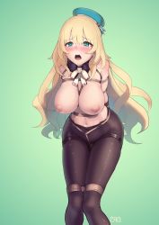 Rule 34 | 1girl, absurdres, arms behind back, atago (kancolle), bdsm, beret, black pantyhose, blonde hair, blue hat, blush, bondage, bound, bound arms, bound legs, breast bondage, breasts, crotch rope, detached collar, green eyes, grey background, hat, highres, kaddo, kantai collection, large breasts, long hair, navel, nipples, nose blush, pantyhose, rope, solo, sweat, thighband pantyhose