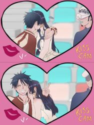 Rule 34 | 1girl, 2boys, black hair, blush, boa hancock, breasts, closed eyes, covering face, earrings, embarrassed, english text, facial hair, facial scar, fur hat, goatee, grin, hand on own face, hat, heart, heart frame, highres, jewelry, kiss, kiss cam, long hair, looking at another, monkey d. luffy, multiple boys, one piece, open mouth, review jujur, scar, scar on cheek, scar on face, shirt, short hair, sideburns, sitting, smile, snake earrings, stadium, surprised, sweatdrop, trafalgar law