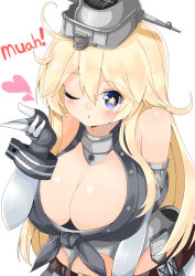 Rule 34 | 10s, 1girl, ahoge, bare shoulders, belt, blonde hair, blowing kiss, blue eyes, breasts, cleavage, commentary, detached sleeves, gloves, headgear, heart, hidaka0503, highres, iowa (kancolle), kantai collection, large breasts, leaning forward, long hair, looking at viewer, one eye closed, simple background, skirt, solo, star-shaped pupils, star (symbol), symbol-shaped pupils, white background