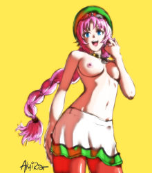 Rule 34 | 1990s (style), 1girl, akairiot, bad id, bad tumblr id, beret, blue eyes, braid, breasts, collar, cowboy shot, hat, jewelry, long hair, navel, nipples, pantyhose, pendant, pink hair, psychic force, retro artstyle, single braid, skirt, smile, solo, taito, topless, wendy ryan, yellow background