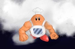 Rule 34 | absurdres, apron, chef hat, chef kawasaki, clenched hands, closed mouth, facing viewer, hat, highres, kick back (song), kirby&#039;s dream land, kirby (series), muscular, nintendo, no humans, oversized limbs, scene reference, shoyu nimono, solo, walking, white apron