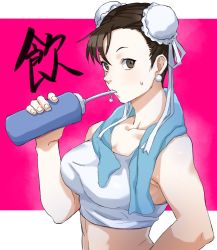 Rule 34 | 1girl, :o, bra, breasts, brown eyes, brown hair, bun cover, capcom, chun-li, double bun, drink, drinking, earrings, from side, hair bun, hand on own hip, highres, jewelry, looking at viewer, medium breasts, pretty-purin720, short hair, solo, sports bra, street fighter, street fighter v, sweat, underwear, white bra