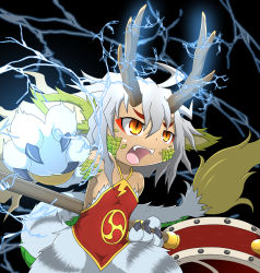 Rule 34 | 1girl, animal ears, claws, dark skin, electricity, holding, holding weapon, horns, kirin (mon-musu quest!), lightning, mon-musu quest!, monster girl, scales, slit pupils, tagme, tail, teeth, weapon
