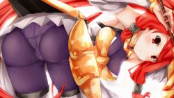 Rule 34 | 1girl, arc system works, armor, armored dress, ass, bare shoulders, bent over, blazblue, blazblue: chronophantasma, blush, bodysuit, breasts, cameltoe, detached sleeves, faulds, from behind, hair tubes, highres, izayoi (blazblue), long hair, looking back, open mouth, panties, panties under pantyhose, pantyhose, parted lips, ponytail, red eyes, red hair, skirt, snm (sunimi), solo, sword, tsubaki yayoi, underwear, upskirt, very long hair, weapon