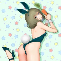 Rule 34 | 1girl, animal ears, aqua background, ass, back, bare arms, bare shoulders, carrot, fake animal ears, fake tail, food, from behind, green eyes, green footwear, green hair, green hairband, green leotard, hairband, heterochromia, high heels, holding, holding food, idolmaster, idolmaster cinderella girls, leg up, leotard, looking at viewer, looking back, medium hair, mole, mole under eye, parted lips, playboy bunny, rabbit tail, shoukaki (earthean), shoulder blades, smile, solo, standing, standing on one leg, star (symbol), starry background, tail, takagaki kaede, thighs, two-handed, vegetable, wrist cuffs