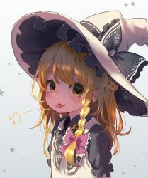 Rule 34 | 1girl, :p, absurdres, alternate color, bad id, bad twitter id, blonde hair, bow, braid, child, hair bow, hat, hat bow, highres, kirisame marisa, looking at viewer, puffy sleeves, pyonsuke (pyon2 mfg), short sleeves, side braid, single braid, solo, star (symbol), tongue, tongue out, touhou, upper body, witch hat, yellow eyes