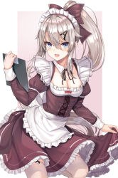 Rule 34 | 1girl, 9a-91 (girls&#039; frontline), absurdres, blue eyes, blush, bow, breasts, cleavage, clothes lift, dress, dress lift, girls&#039; frontline, grey hair, hair between eyes, hair bow, hair ribbon, hairband, highres, holding, holding notepad, long hair, looking at viewer, maid, maid headdress, notepad, open mouth, ponytail, ribbon, simple background, small breasts, so myeolchi, solo, thighhighs, white thighhighs