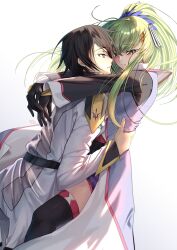 Rule 34 | 1boy, 1girl, absurdres, arms around neck, black gloves, black hair, black thighhighs, blush, budgiepon, c.c., closed mouth, code geass, commentary request, cosplay, couple, dress, eye contact, feet out of frame, floating hair, from side, gloves, green hair, gundam, gundam seed, gundam seed freedom, hair between eyes, hand on another&#039;s hip, hetero, highres, hug, kira yamato, kira yamato (cosplay), lacus clyne, lacus clyne (cosplay), lelouch vi britannia, light particles, long hair, long sleeves, looking at another, parted lips, ponytail, profile, purple eyes, shirt, short hair, sidelighting, sidelocks, simple background, smile, split mouth, thighhighs, white background, white dress, white shirt, wide sleeves, yellow eyes