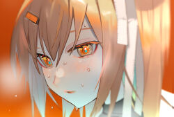 Rule 34 | 1girl, a.i. voice, adachi rei, alternate eye color, asano goji, black shirt, blurry, blush, breath, close-up, commentary, computer chip, depth of field, grey eyes, hair ornament, hair ribbon, hairclip, highres, looking at viewer, multicolored eyes, orange background, orange eyes, orange hair, parted lips, portrait, ribbon, romaji commentary, shirt, side ponytail, sideways glance, simple background, solo, sweat, turtleneck, utau, white ribbon