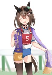 Rule 34 | 1girl, animal ears, blurry, blurry background, blush, buruma, closed eyes, commentary request, goggles, goggles on head, hair between eyes, hair ornament, highres, horse ears, horse girl, horse tail, medium hair, meikei yell (racehorse), open mouth, original, shirt, solo, tail, thighhighs, toriumi (trmx x), umamusume, white background