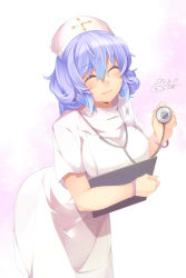 Rule 34 | 1girl, ^ ^, absurdres, alternate costume, blue hair, blush, breasts, clipboard, closed eyes, closed eyes, female focus, gradient hair, highres, kokka han, large breasts, letty whiterock, multicolored hair, nurse, open mouth, purple hair, short hair, smile, solo, stethoscope, touhou, two-tone hair
