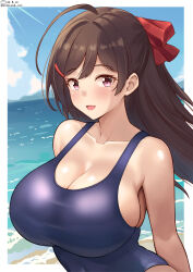 Rule 34 | 1girl, ahoge, beach, blue one-piece swimsuit, blush, breasts, brown hair, cloud, cloudy sky, competition school swimsuit, covered navel, day, hair ornament, hair ribbon, hairclip, highres, kantai collection, large breasts, long hair, looking at viewer, mamiya (kancolle), ocean, one-piece swimsuit, open mouth, outside border, ponytail, ribbon, sand, school swimsuit, shiromaru (maniado), sky, smile, swimsuit, upper body, water