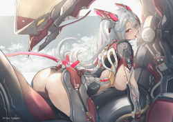 Rule 34 | 1girl, :p, absurdres, alternate costume, antenna hair, arm guards, ass, azur lane, breasts, character name, cloud, fake tail, from behind, headgear, highres, huge filesize, large breasts, long hair, looking at viewer, looking back, mecha, mole, mole on breast, multicolored hair, prinz eugen (azur lane), red eyes, red hair, revealing clothes, robot, sideboob, silver hair, solo, streaked hair, tail, tongue, tongue out, two side up, very long hair, yusha m