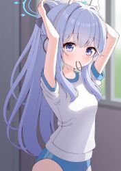 Rule 34 | 1girl, adjusting hair, alternate costume, animal ears, arms behind head, azel (laevateinn495), blue archive, blue buruma, blurry, buruma, commentary request, depth of field, fake animal ears, grey hair, gym shirt, gym uniform, hair between eyes, halo, headset, highres, indoors, long hair, looking at viewer, miyako (blue archive), mouth hold, official alternate hairstyle, ponytail, purple eyes, rabbit ears, rubber band, shirt, short sleeves, sidelocks, smile, solo, white shirt, window