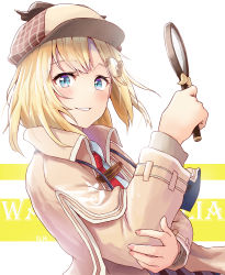 Rule 34 | 1girl, absurdres, artist name, blonde hair, blue eyes, blush, brown hat, character name, collared shirt, commentary request, deerstalker, detective, hair ornament, hand on own arm, hand up, hat, highres, holding, hololive, hololive english, jacket, jtleeklm, long sleeves, looking at viewer, magnifying glass, necktie, open clothes, parted lips, red necktie, red ribbon, ribbon, shirt, short hair, skirt, smile, solo, upper body, virtual youtuber, watson amelia, watson amelia (1st costume), white shirt