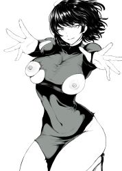 Rule 34 | 1girl, absurdres, ao madoushi, black dress, black hair, breasts, closed mouth, dress, fubuki (one-punch man), greyscale, high heels, highres, large breasts, looking at viewer, monochrome, nipples, one-punch man, outstretched arms, seiza, short hair, side slit, sitting, sweatdrop, thighs, torn clothes, torn dress